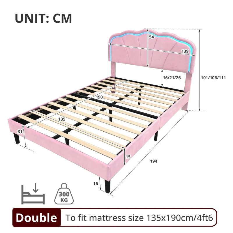 Double Upholstered Bed with LED Adjustable Shell Headboard, Charging Station, Perfect for Sophisticated and Modern bedroom, 194L x 139W x 111H cm, Pink