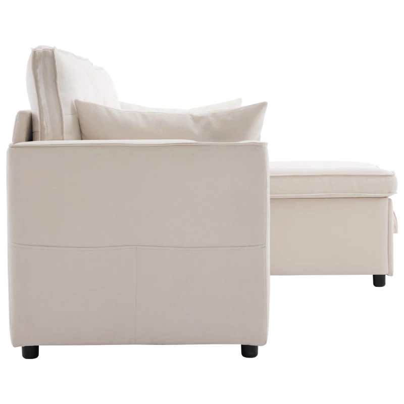 3-in-1 Convertible Sofa Bed with Reversible Chaise, Internal Storage and Cup Holders, L-Shaped Sleeper Sofa with Pillows, 211L x 130W x 86H cm, Beige
