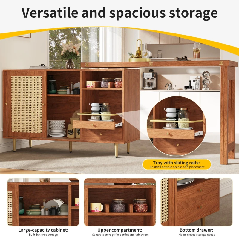 360° Rotating Bar Table with Expandable Design, Open Shelf, Rattan Door, Storage Cabinet for Kitchen, Living Room, 187L x 80W x 76H cm, Brown