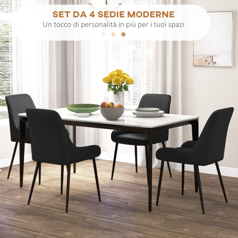 HOMCOM Set 4 Sedie da Pranzo Imbottite, Ergonomiche e Trapuntate a Diamante, in Pelle PU e Acciaio, 49x60x89 cm, Nero