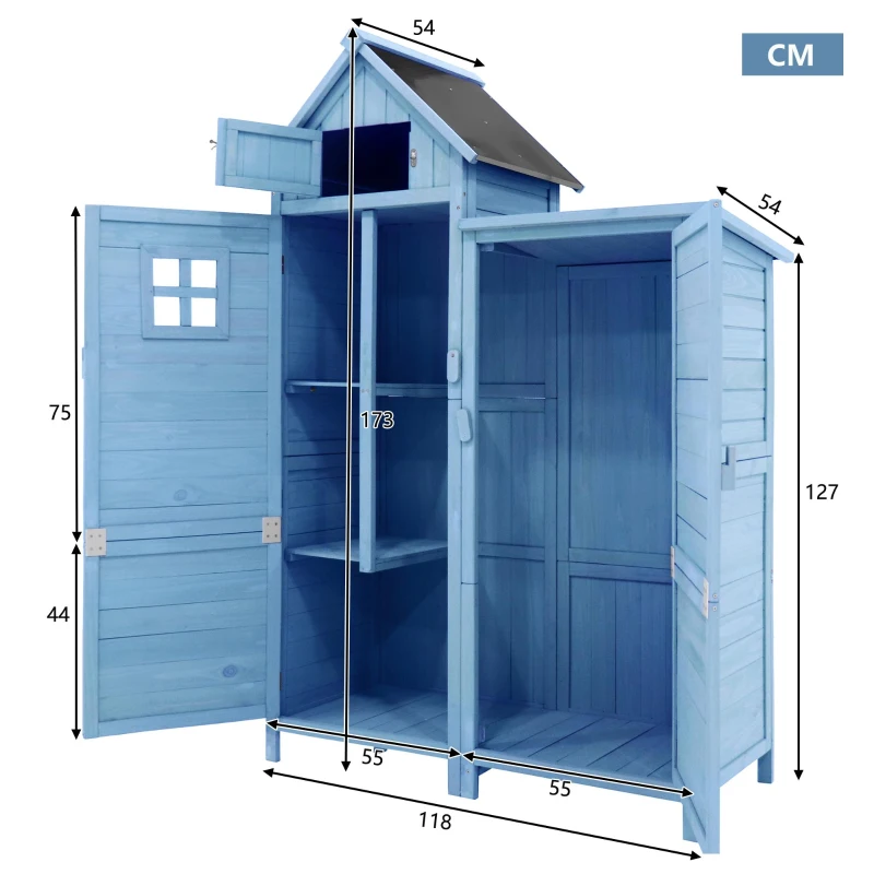 Weatherproof Wooden Tool Shed with PVC Roof, Shelves and Compartment, Tool Cabinet for Garden, Patio, Balcony, 118L x 54W x 173H cm, Blue