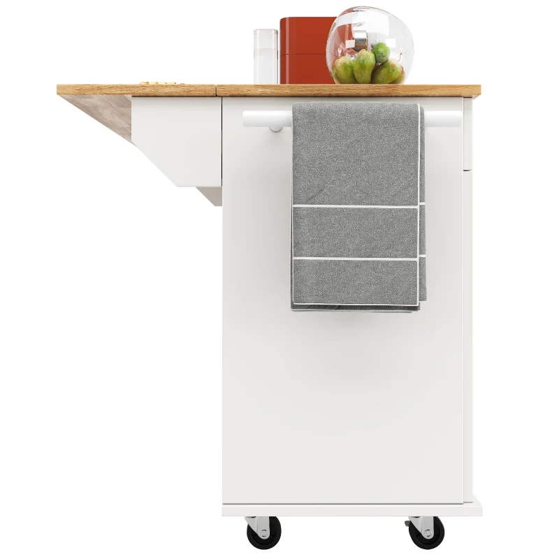 Waterproof Kitchen Island Trolley with Rolling Casters, Adjustable Shelf, Elegant Kitchen Cart with Folding Side Board, 128L x 78W x 90.5H cm, White