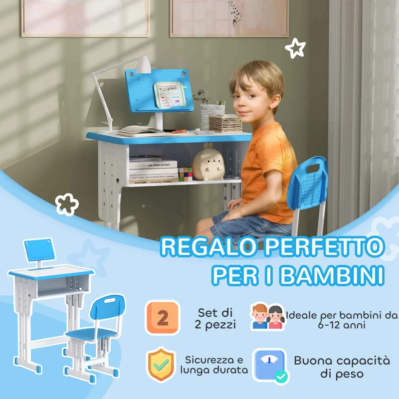 HOMCOM Banco Scuola per Bambini 6-12 Anni ad Altezza Regolabile con Leggio e Mensola, in Acciaio e MDF, Blu