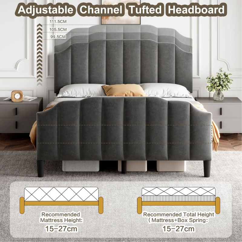 Double Upholstered Bed Frame with Adjustable Channel-Tufted Headboard, Easy Assembly, Perfect for Sophisticated and Modern Bedroom, 198L x 141.5W x 111.5H cm, Grey