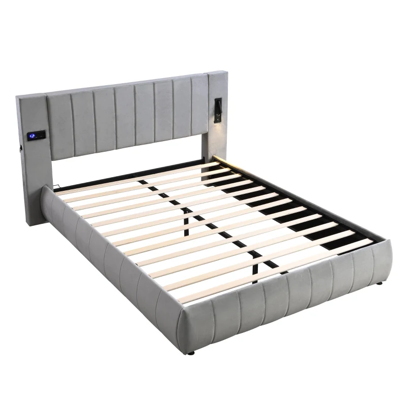 Upholstered King Size Bed with Stereo and Charging Ports, Velvet and Iron Frame, 218L x 182W x 103H cm, Grey