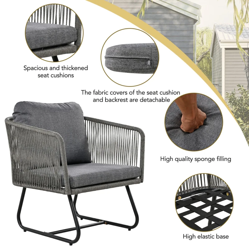 Space-Saving Outdoor Garden Lounge Set with Glass Coffee Table, Adjustable Foot Pads, Versatile Sofa Set for Patio, Porch, Backyard, Grey