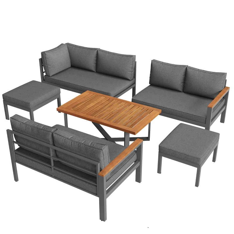 Space-Saving L-Shaped Sofa with Wooden Coffee Table, Stool Table Boxes, Outdoor Garden Lounge Set for 7-8 People, 115L x 60W x 78.5H cm, Grey