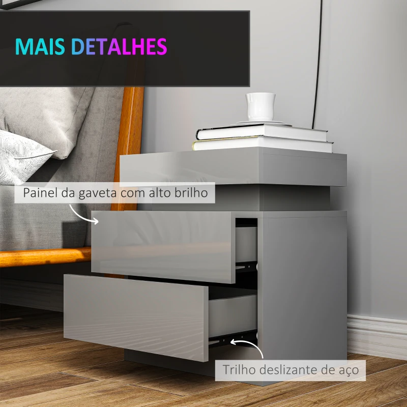 HOMCOM Mesa de Cabeceira com Luz LED Painel de Alto Brilho 2 Gavetas e Controlo Remoto para Dormitório 45x35x52 cm Cinzento