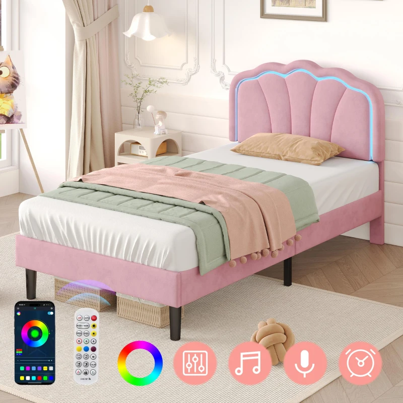 Single Upholstered Bed with LED Adjustable Shell Headboard, Charging Station, Perfect for Sophisticated and Modern Bedroom, 194L x 94W x 111H cm, Pink