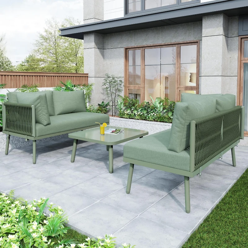 UV-Resistant Garden Lounge Set with Glass Coffee Table, Thick Cushions, L-Shaped Corner Sofa for 4-5 People, 120L x 60W x 86H cm, Green