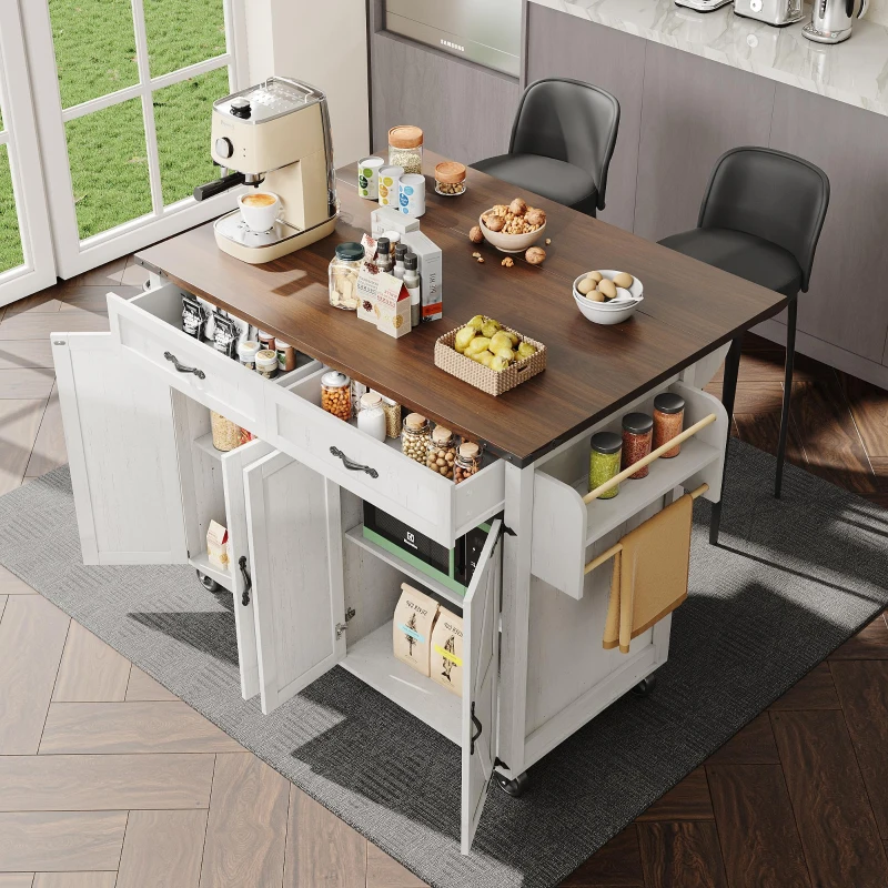 Farmhouse Style Kitchen Island Trolley with Adjustable Shelf, Cabinets and Drawers, Modern Rolling Storage Cabinet, 140L x 73W x 90.5H cm, White