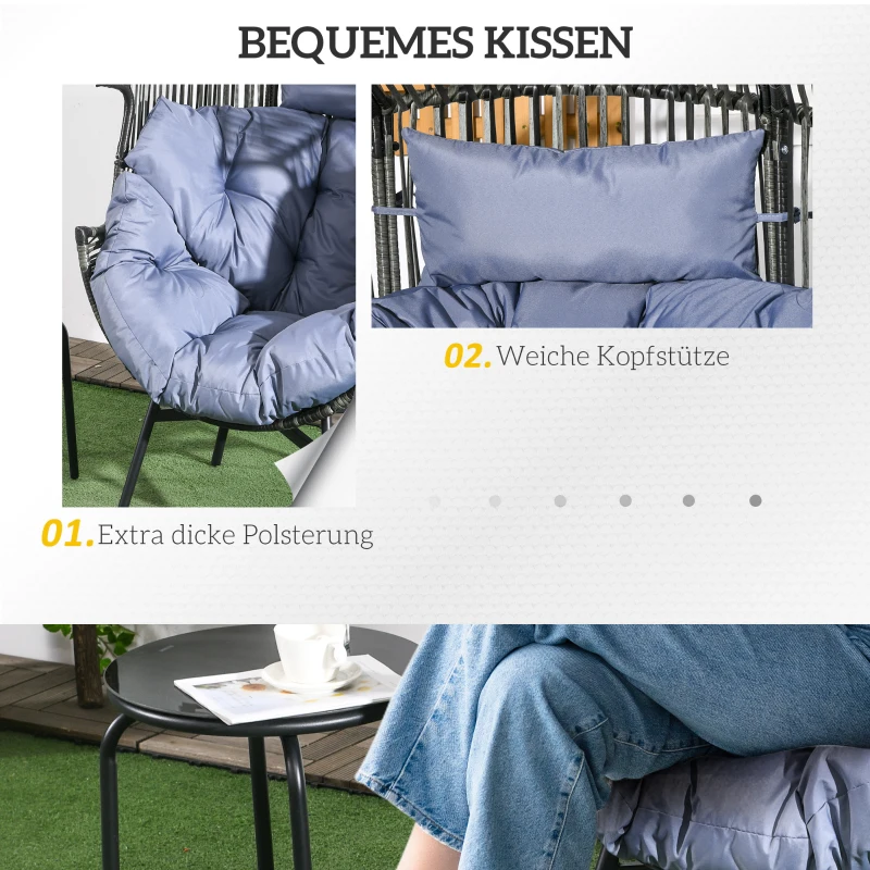 Outsunny Fotel Ogrodowy z Rattanu, Siedzisko Rattanowe, PE-Rattan, 89 cm x 75 cm x 143 cm, Szary+Czarny