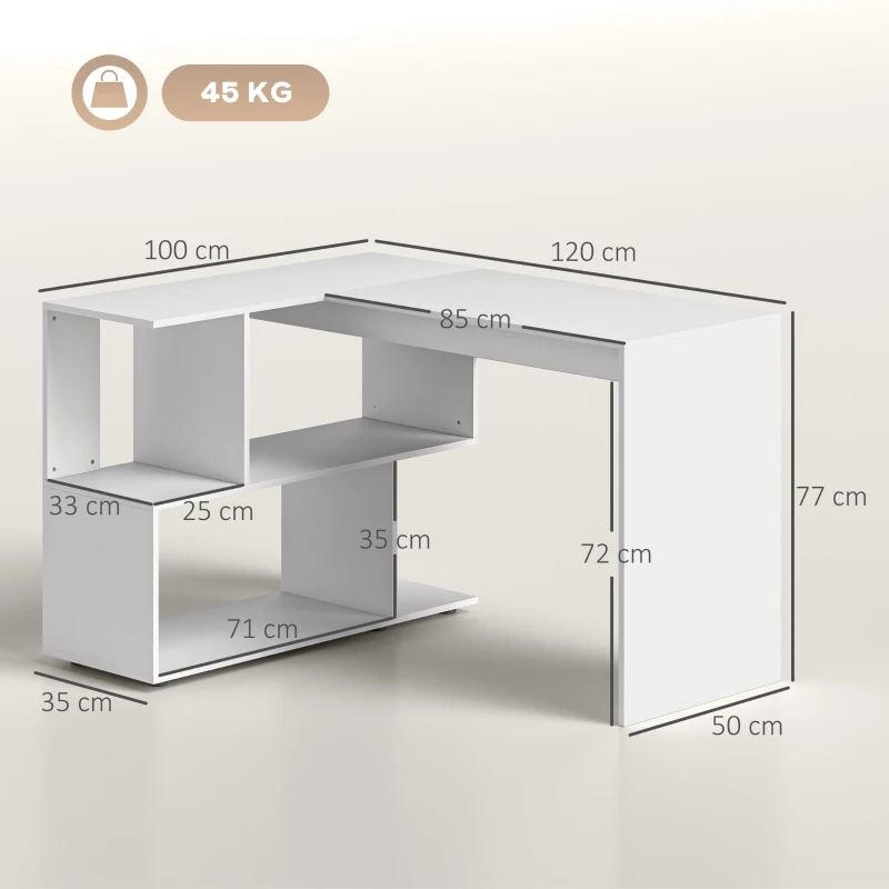 HOMCOM Birou în Formă de L cu 4 Compartimente de Depozitare, 120x100x77 cm, Alb Lucios(m-3)