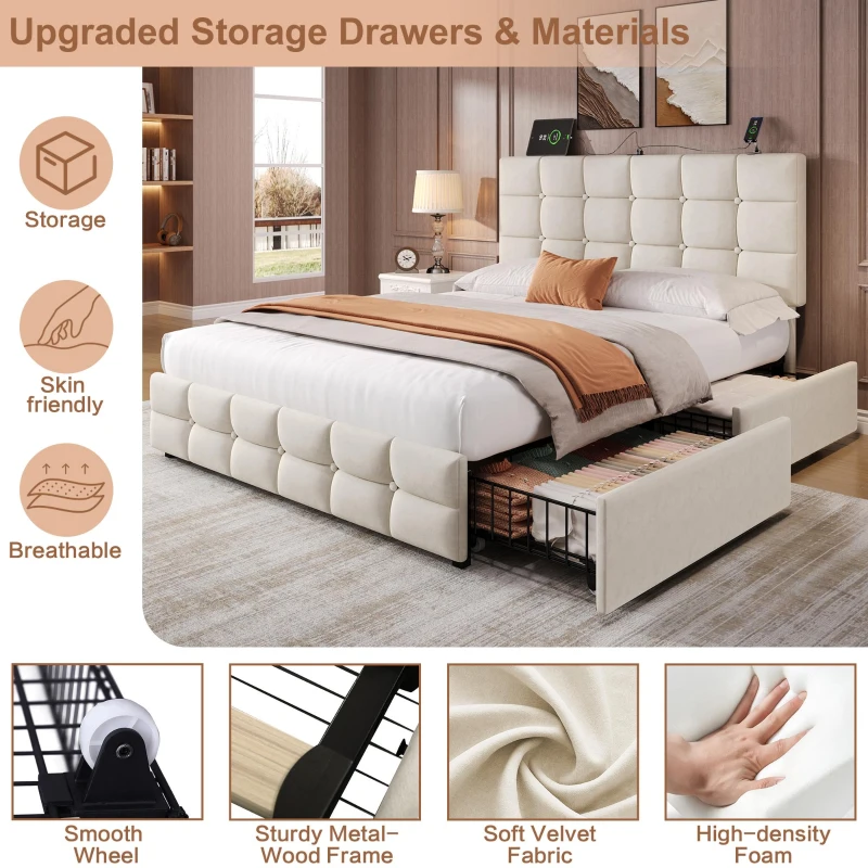 Double Upholstered Bed with 4 Storage Drawers and Charging Station, Adjustable Button Tufted Headboard, Velvet Frame, 195L x 142W x 108H cm, Beige