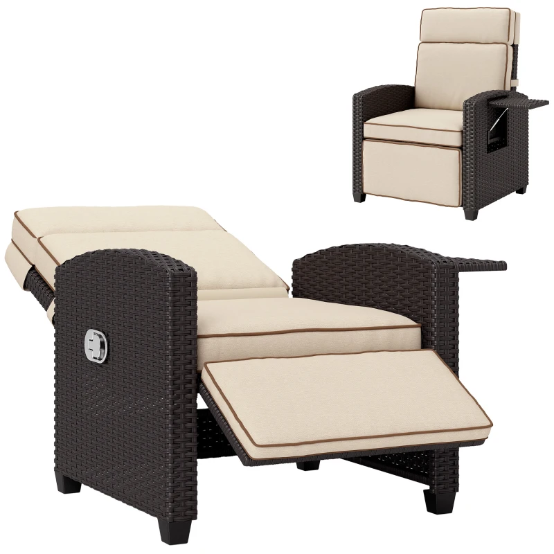 Outsunny 145° Reclining Rattan Armchair, with Footrest - Brown/Khaki