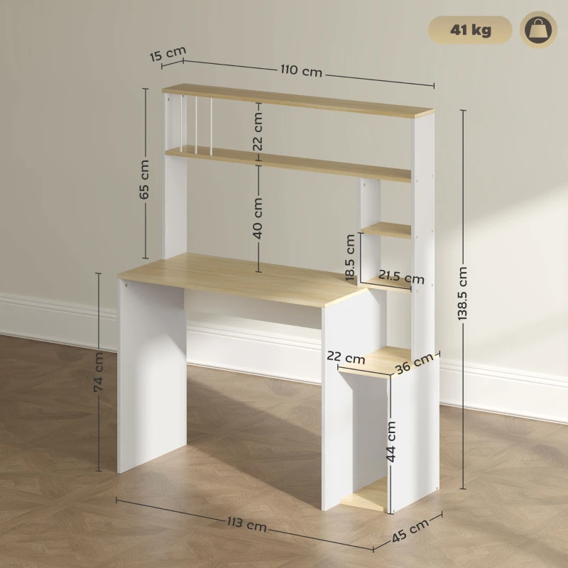 HOMCOM Birou pentru Computer cu Etajeră și Rafturi Deschise, 113x45x138,5 cm, Alb