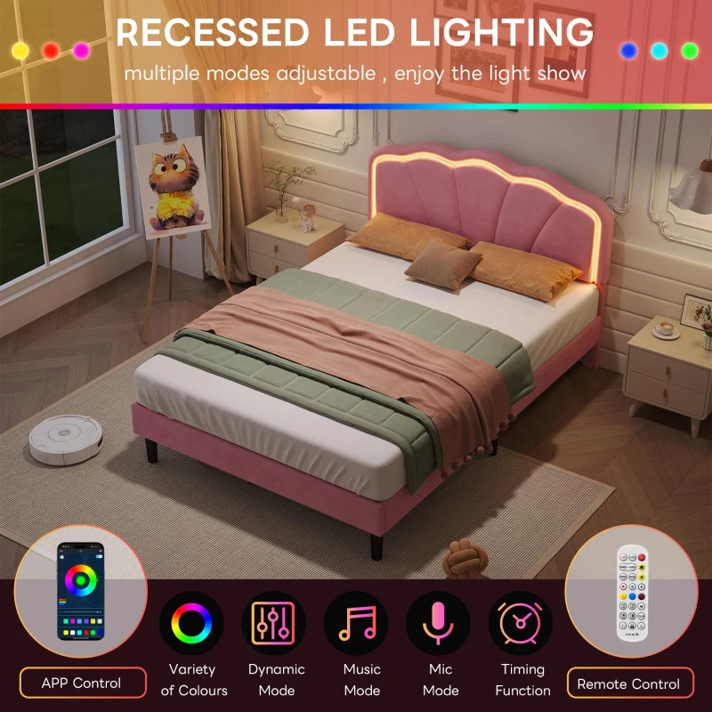 Double Upholstered Bed with LED Adjustable Shell Headboard, Charging Station, Perfect for Sophisticated and Modern bedroom, 194L x 139W x 111H cm, Pink