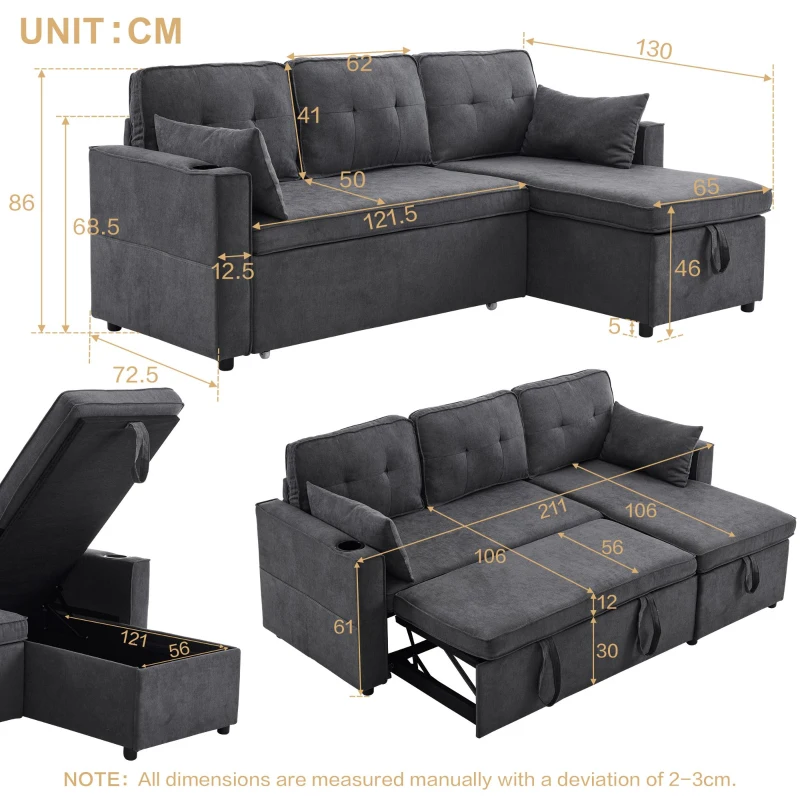 3-in-1 Convertible Sofa Bed with Internal Storage Chaise, L Shaped Sleeper Sofa with Cup Holders and Pillows, 211L x 130W x 86H cm, Grey