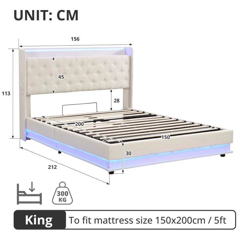 King Upholstered Bed Frame with Hydraulic Storage, LED Lighting and Charging Station, Linen Ottoman Bed with USB and Type-C Ports, 212L x 156W x 113H cm, Beige