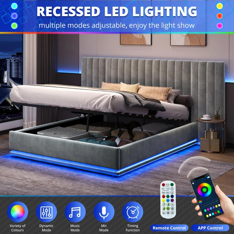 King Ottoman Bed with LED Lighting, Velvet Upholstered Bed with Hydraulic Storage and Channel Tufted Headboard, 238L x 214W x 114H cm, Grey