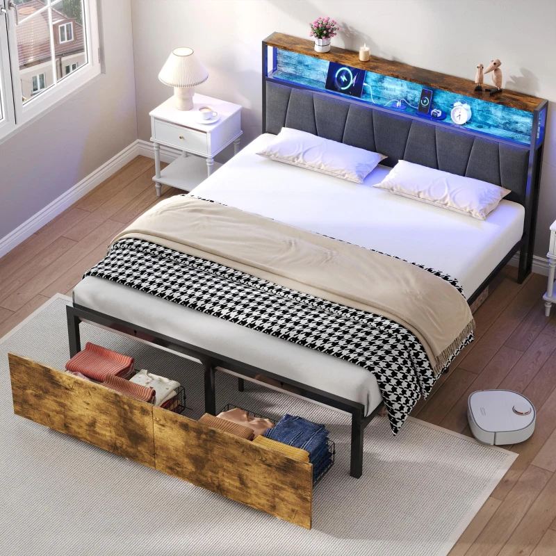 Double Bed Frame with Storage Drawers, RGB LED Headboard and Charging Station, 205L x 136W x 116H cm, Black + Dark Walnut