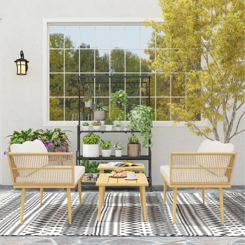 Outsunny Set Salotto da Esterno in Rattan PE con 2 Divani a 2 Posti con Cuscini e 2 Tavoli da Caffè, Colore Legno