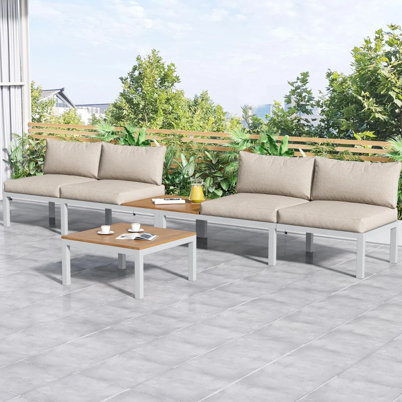 Elegant Outdoor Garden Lounge Set with Wooden Table, Thick Cushions, L-Shaped Corner Sofa for 4 People, 145L x 60W x 80H cm, Beige