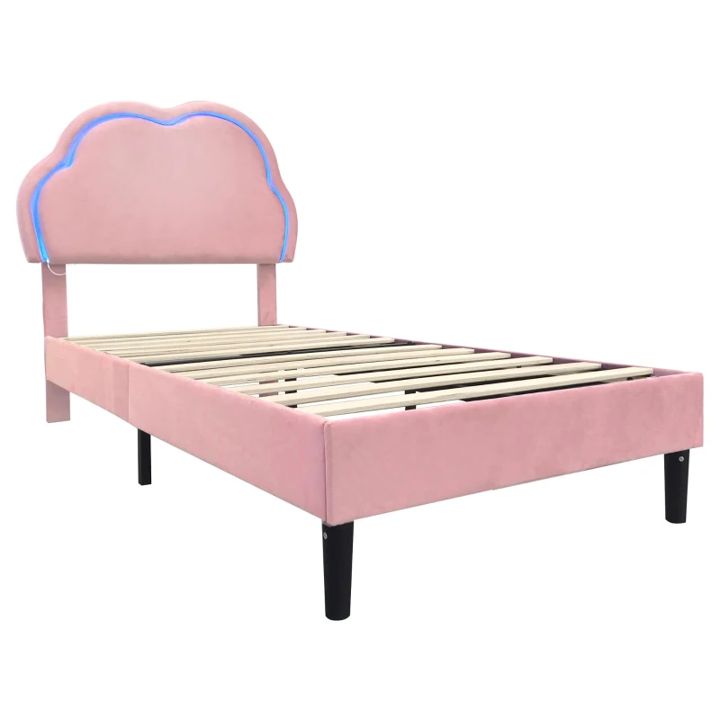 Single Upholstered Bed with Adjustable Cloud Headboard and RGB LED, Perfect for Sophisticated and Modern Bedroom, 194L x 106W x 118H cm, Pink