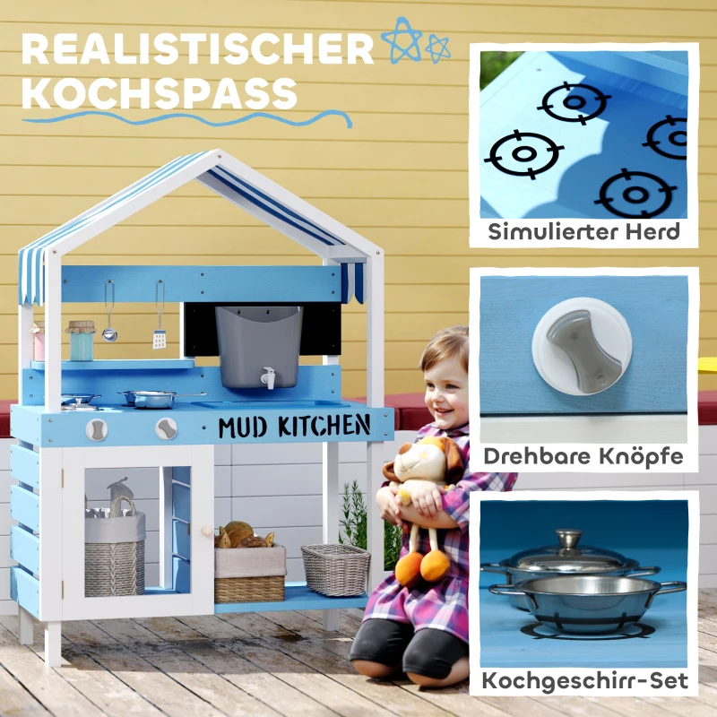 AIYAPLAY Outdoor-Spielküche für Kinder mit Sonnendach, Kochgeschirr-Set, Massivholz, Blau