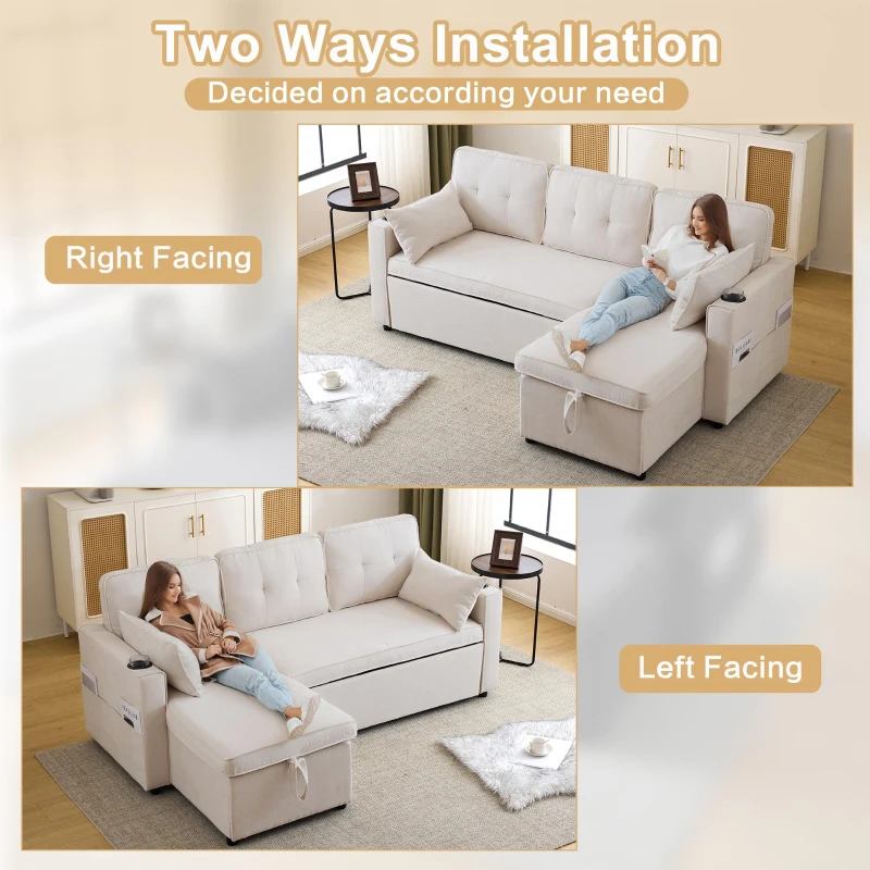 3-in-1 Convertible Sofa Bed with Reversible Chaise, Internal Storage and Cup Holders, L-Shaped Sleeper Sofa with Pillows, 211L x 130W x 86H cm, Beige
