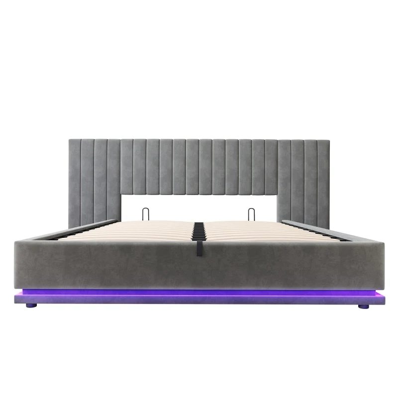 King Ottoman Bed with LED Lighting, Velvet Upholstered Bed with Hydraulic Storage and Channel Tufted Headboard, 238L x 214W x 114H cm, Grey