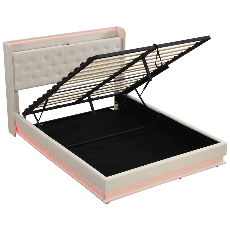 Double Upholstered Bed Frame with Hydraulic Storage, LED Lighting and Charging Station, Linen Ottoman Bed with USB and Type-C Ports, 202L x 141W x 113H cm, Beige