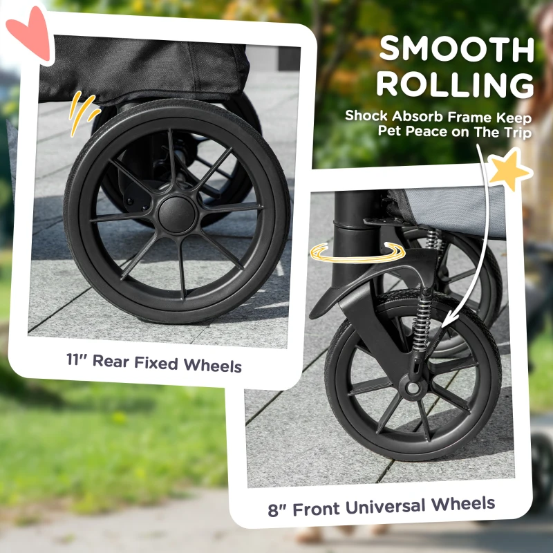 PawHut Cărucior Pliabil pentru Câini de Talie Mare cu Roți Detașabile, Pernă și Lese de Siguranță, 124x67x100 cm, Gri