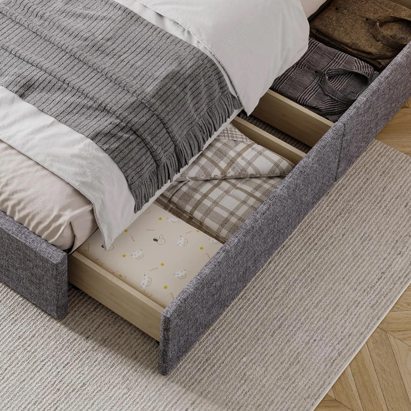 Storage Bed with 4 Drawers, Upholstered Double Bed with Iron Frame and Wooden Slats, 193.5 x 141W x 30H cm, Grey