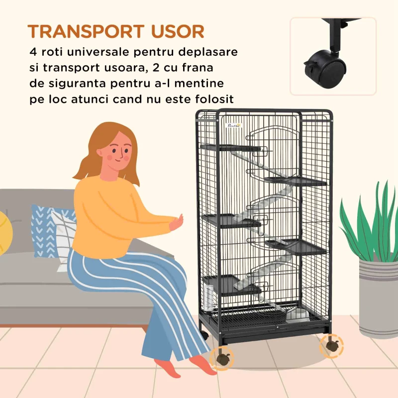 PawHut Cușcă pentru Animale Mici și Rozătoare cu Roți, 5 Rampe și 5 Platforme, 61.5x44x131 cm, Negru
