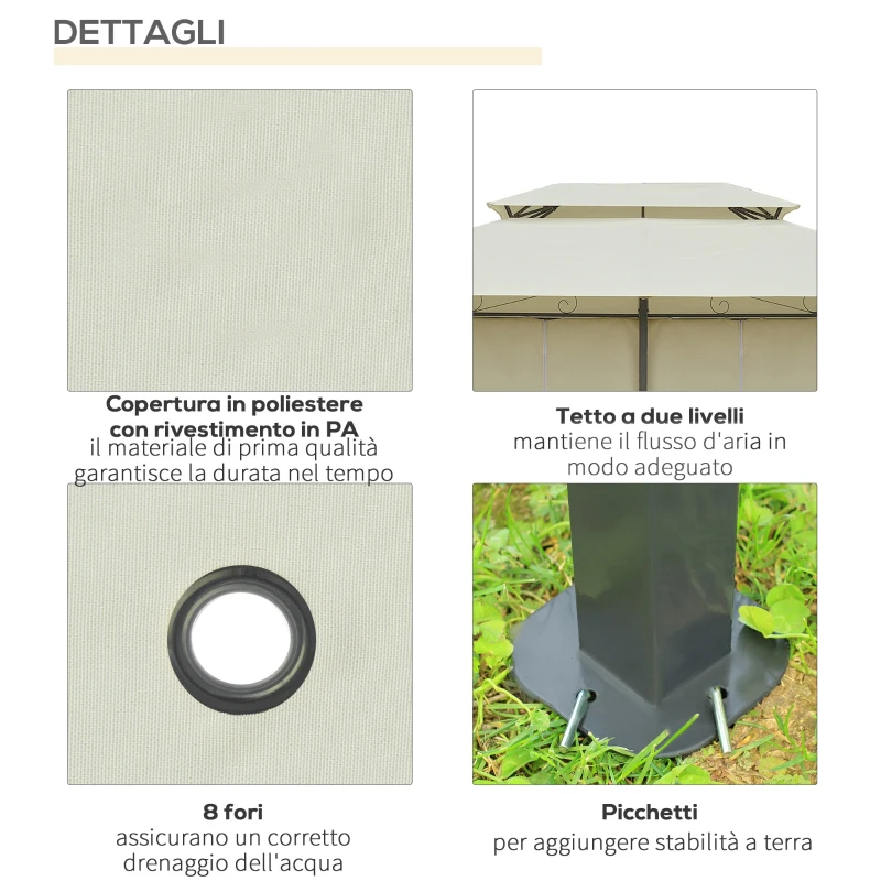 Outsunny Gazebo da Giardino 3x4 m con Tende e Tetto a 2 Livelli Bianco Crema