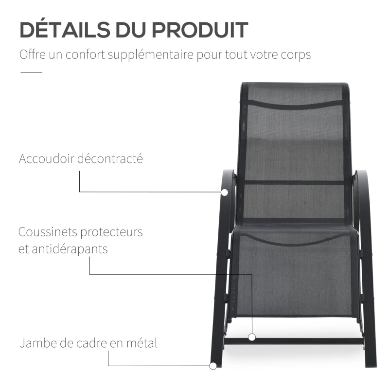 Outsunny Lot de 2 bains de soleil chaise longue design contemporain table basse plateau verre trempé métal époxy textilène noir