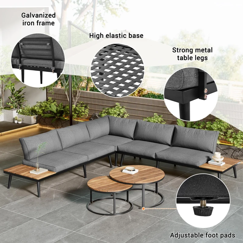 6-Piece Garden Lounge Set with Acacia Wood Tables, Galvanised Iron Frame, Ideal for Indoor and Outdoor Use, 160L x 64W x 75H cm, Grey