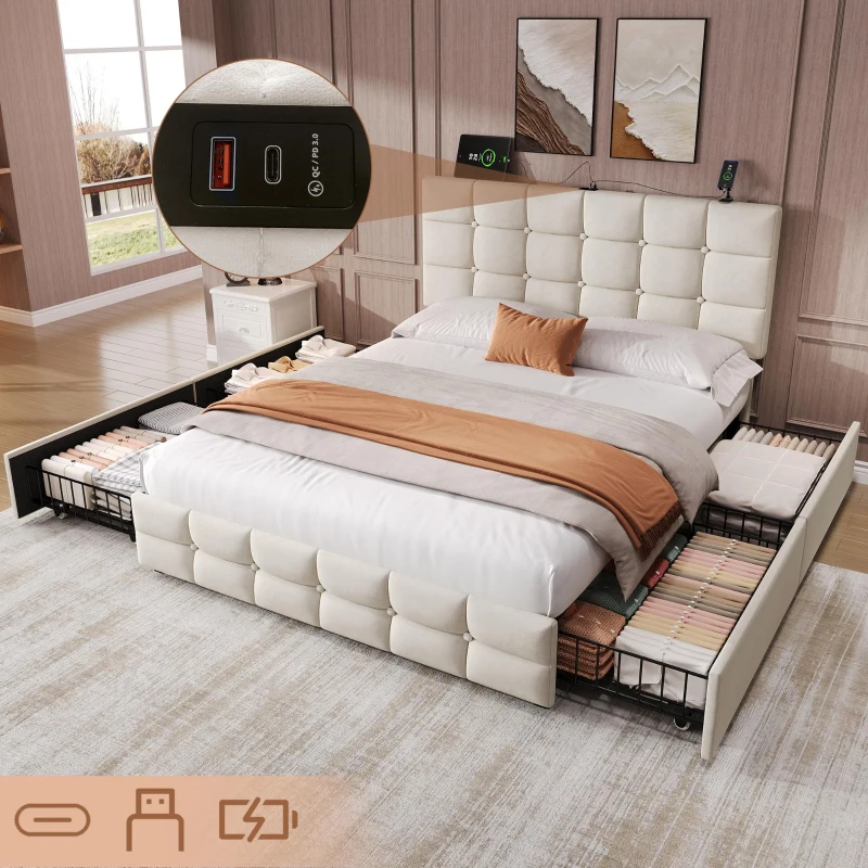 Double Upholstered Bed with 4 Storage Drawers and Charging Station, Adjustable Button Tufted Headboard, Velvet Frame, 195L x 142W x 108H cm, Beige