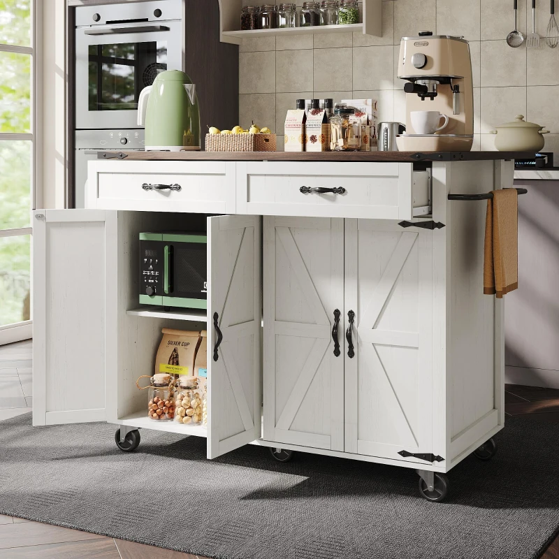 Farmhouse Style Kitchen Island Trolley with Adjustable Shelf, Cabinets and Drawers, Modern Rolling Storage Cabinet, 140L x 73W x 90.5H cm, White