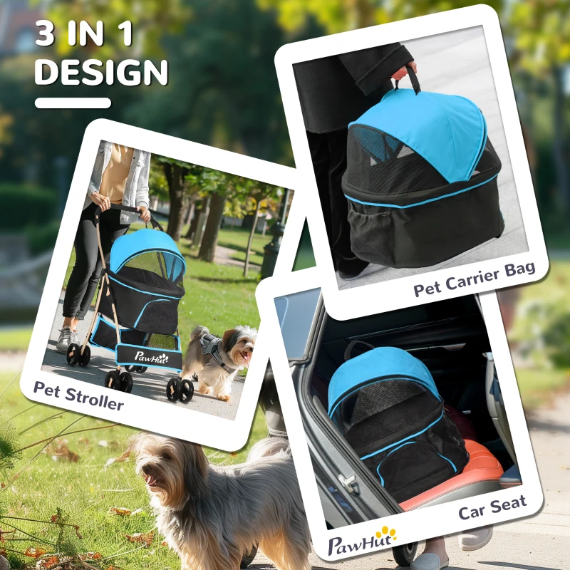 PawHut Cărucior pentru Câini Pliabil și Convertibil în Geantă de Transport cu 2 Lese și Pernă, 82x49.5x98 cm, Albastru
