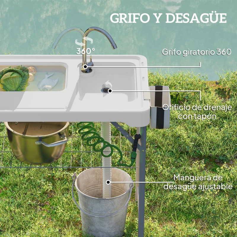 Outsunny Mesa Plegable para Camping con 2 Fregaderos Manguera de Drenaje Estación de Limpieza y Grifo Blanco