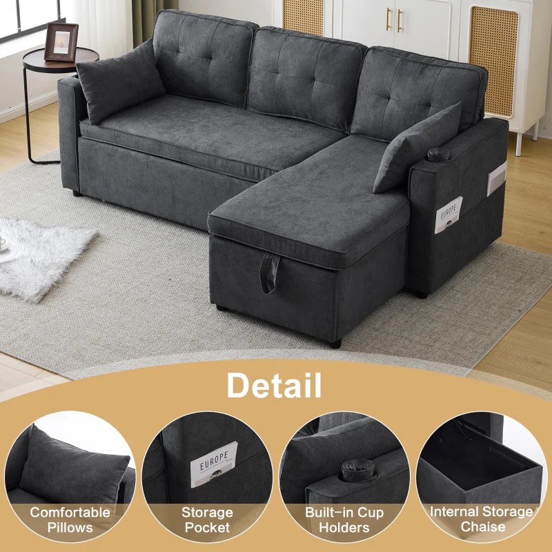 3-in-1 Convertible Sofa Bed with Internal Storage Chaise, L Shaped Sleeper Sofa with Cup Holders and Pillows, 211L x 130W x 86H cm, Grey