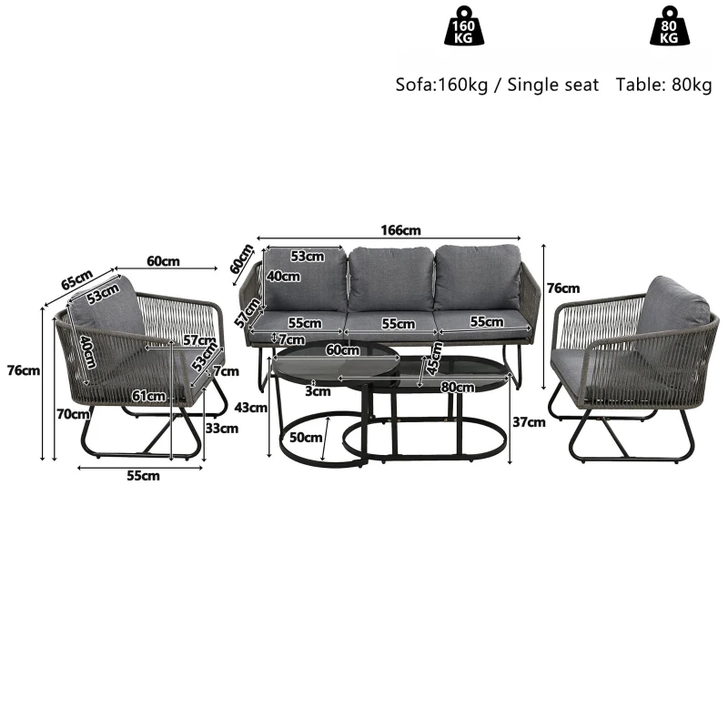 Space-Saving Outdoor Garden Lounge Set with Glass Coffee Table, Adjustable Foot Pads, Versatile Sofa Set for Patio, Porch, Backyard, Grey