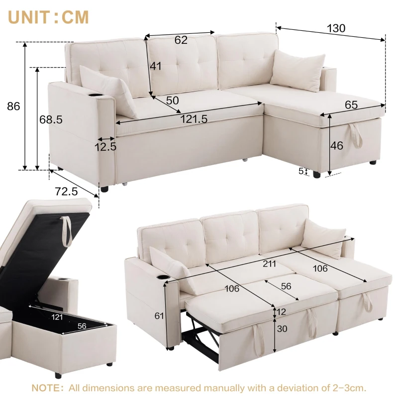 3-in-1 Convertible Sofa Bed with Reversible Chaise, Internal Storage and Cup Holders, L-Shaped Sleeper Sofa with Pillows, 211L x 130W x 86H cm, Beige