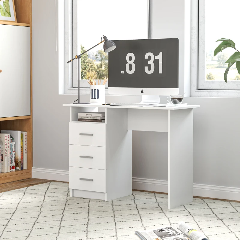 HOMCOM Birou pentru Calculator cu 3 Sertare și Spațiu de Depozitare, 100x40x75 cm, Alb(m-6)