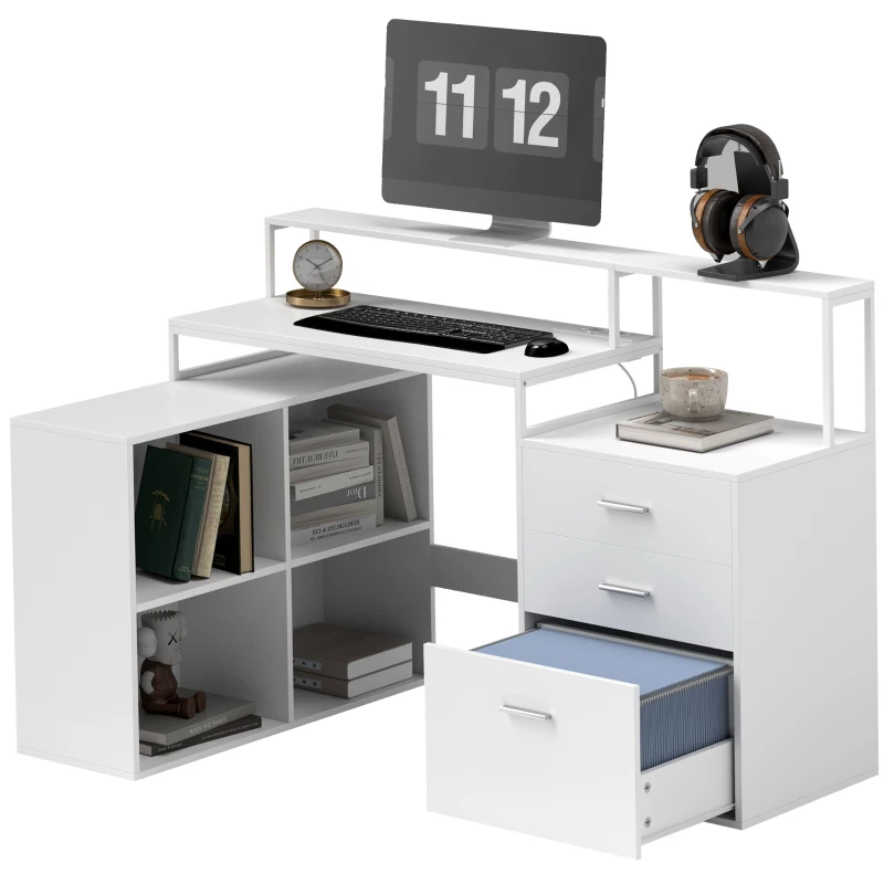 HOMCOM Birou în Formă de L cu Prize de Curent, Sertar și Suport pentru Monitor, 138,5x90x92 cm, Alb(m-10)