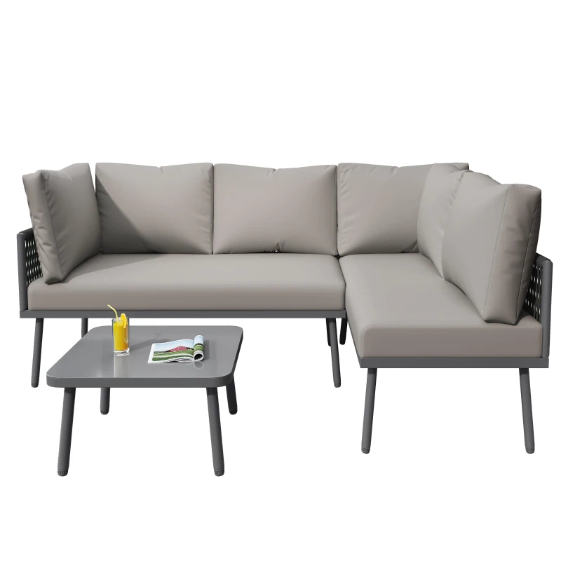 Modern Space-Saving L-Shaped Corner Sofa with Glass Coffee Table, Outdoor Garden Lounge Set for 4-5 People, 120L x 60W x 86H cm, Grey