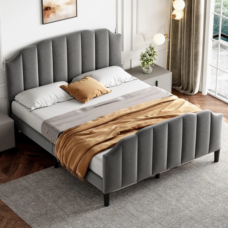 Double Upholstered Bed Frame with Adjustable Channel-Tufted Headboard, Easy Assembly, Perfect for Sophisticated and Modern Bedroom, 198L x 141.5W x 111.5H cm, Grey
