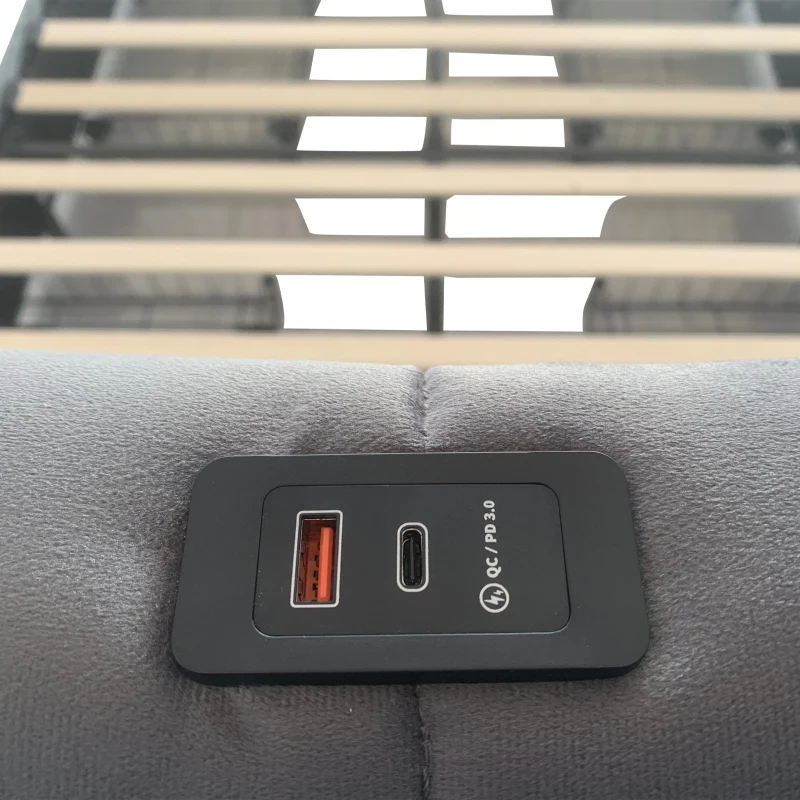 Double Upholstered Bed with 4 Storage Drawers and Charging Station, Adjustable Button Tufted Headboard, Velvet Frame, 195L x 142W x 108H cm, Grey